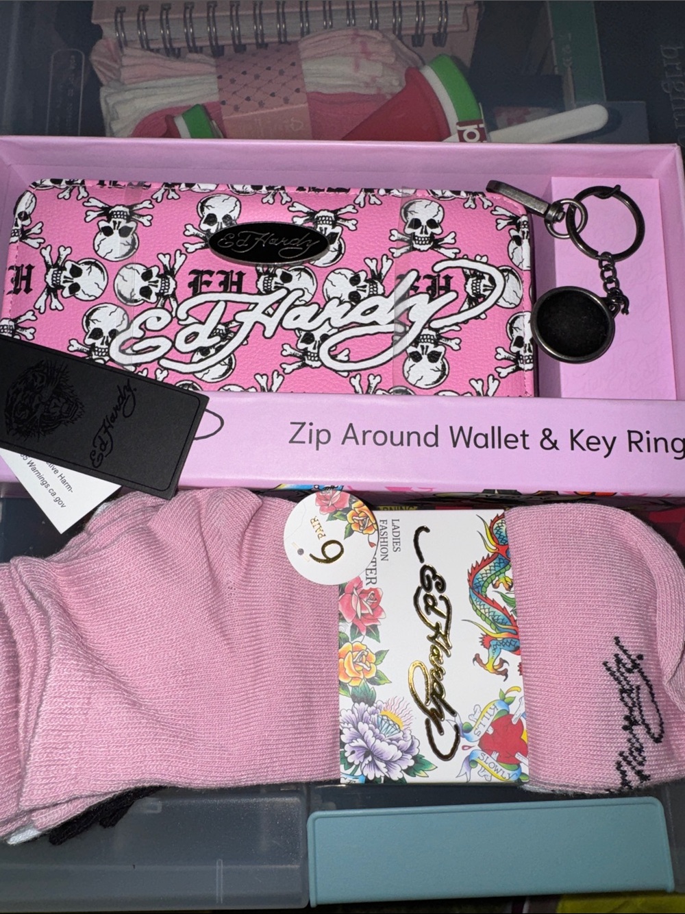 Ed Hardy Pink Skull Zip Wallet with Key Ring Accent and 6 pairs of Ed Hardy Sock
